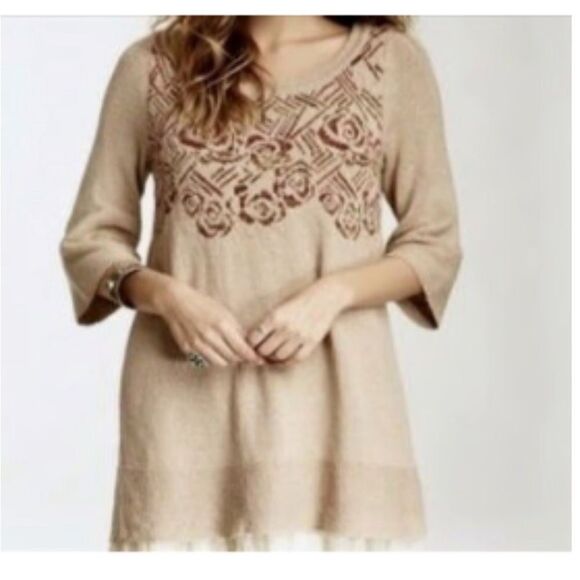 Free People Desert Rose Boho Wool Knit Bell Sleeve Sweater Y2K Tunic- Size XS - Picture 2 of 9